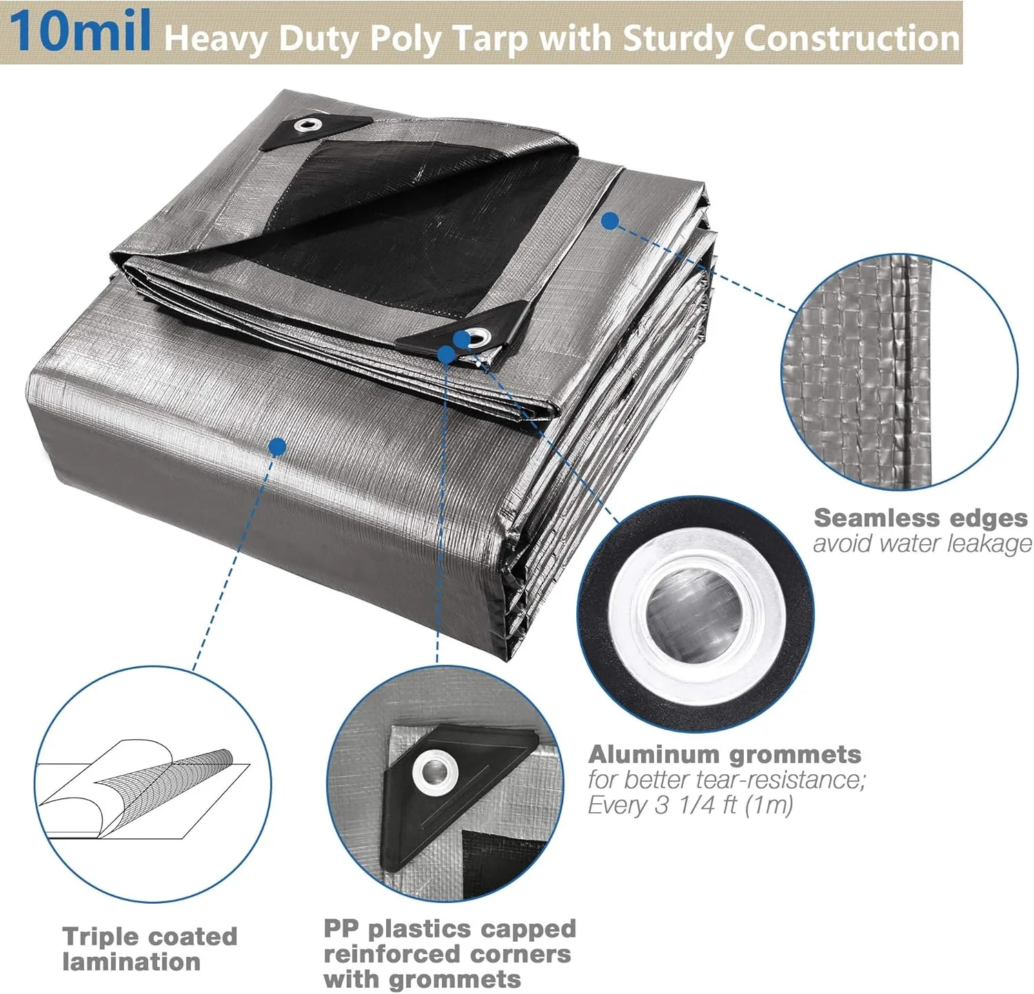 Yescom 40x50ft Heavy Duty Reinforced Poly Tarp Waterproof Tarpaulin 10-mil Ground Sheet Camping Tent Cover with Eyelets Reversible Silver Black Tarps