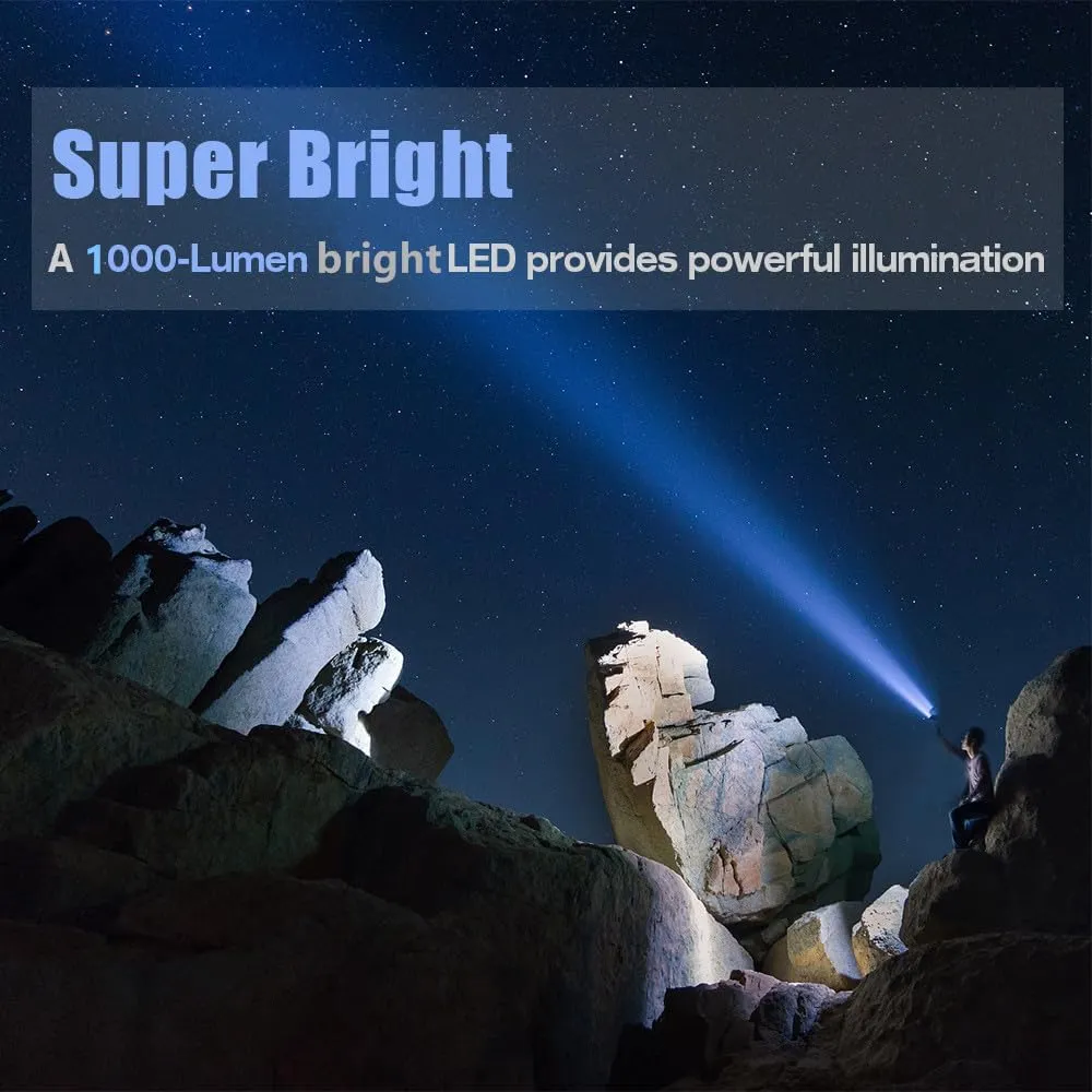 YIERBLUE Rechargeable Spotlight, Super Bright 1000 LM LED Flashlight Handheld Spotlight Long Lasting Large Flashlight Searchlight and Flood Camping Flashlight with Foldable Tripod