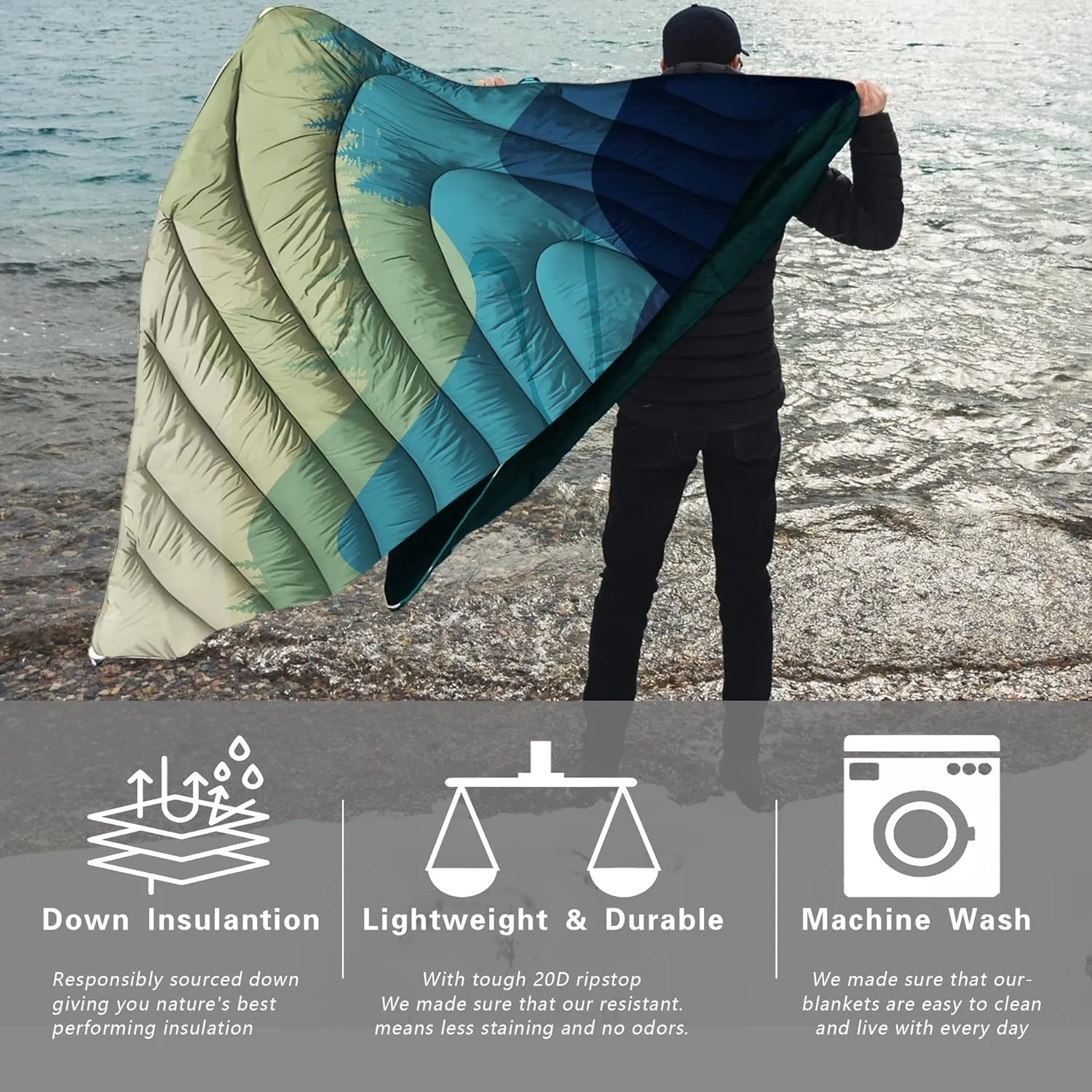 Yizheer Outdoor Puffy Packable Lightweight Down Alternative Printed Camping Blanket Large Ultra Warm Hammock Top Quilt Waterproof Blanket for Traveling, Stad Cold Weather 1-Person, 76" x 54"