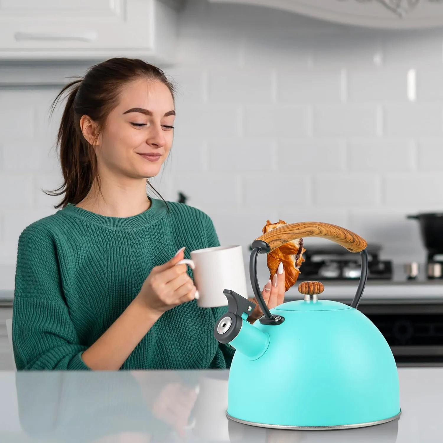 YSSOA Whistling Stovetop Tea Kettle, 3.2 Quart Stainless Steel Teapot with Cool Touch Ergonomic Handle, Hot Water Fast to Boil, Blue
