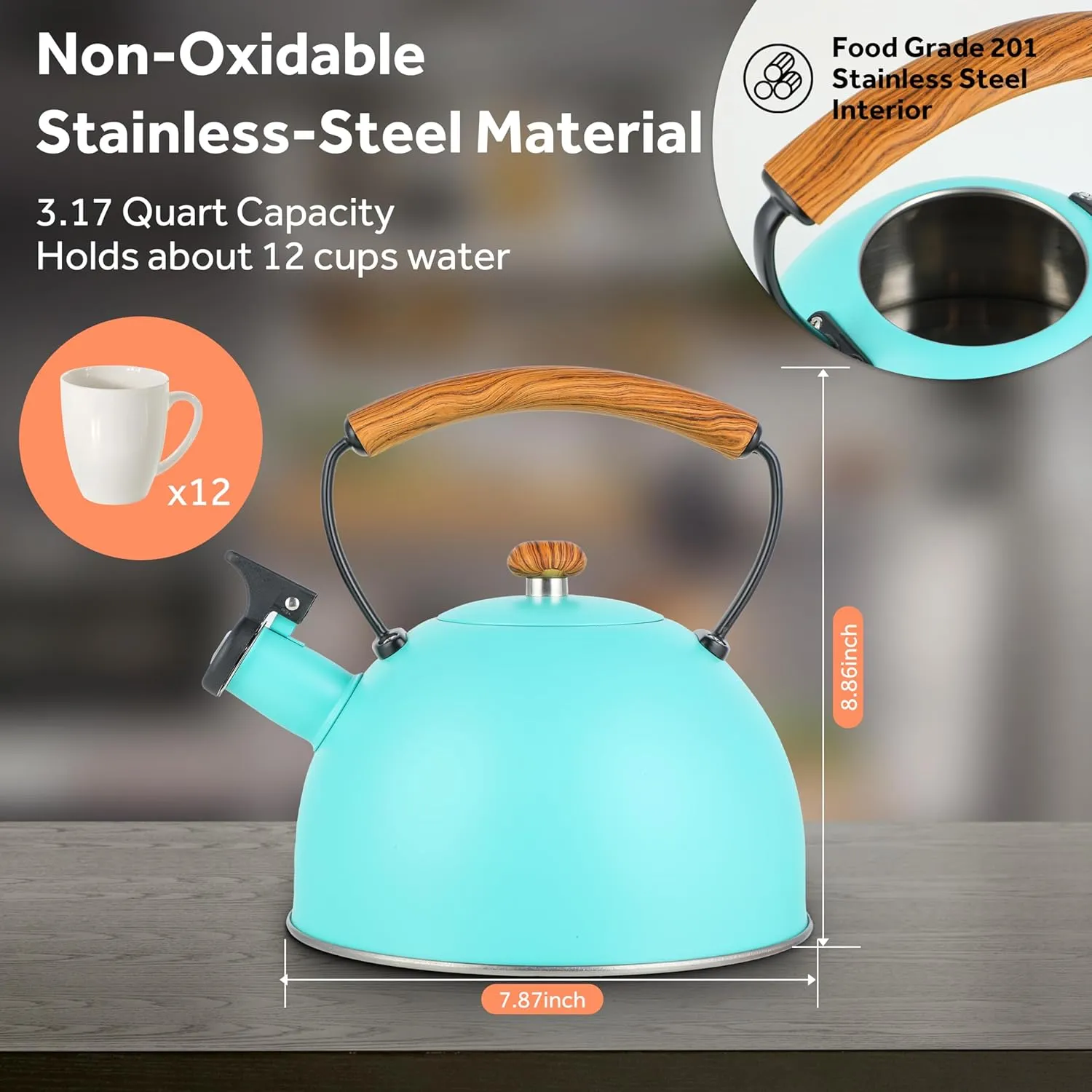 YSSOA Whistling Stovetop Tea Kettle, 3.2 Quart Stainless Steel Teapot with Cool Touch Ergonomic Handle, Hot Water Fast to Boil, Blue
