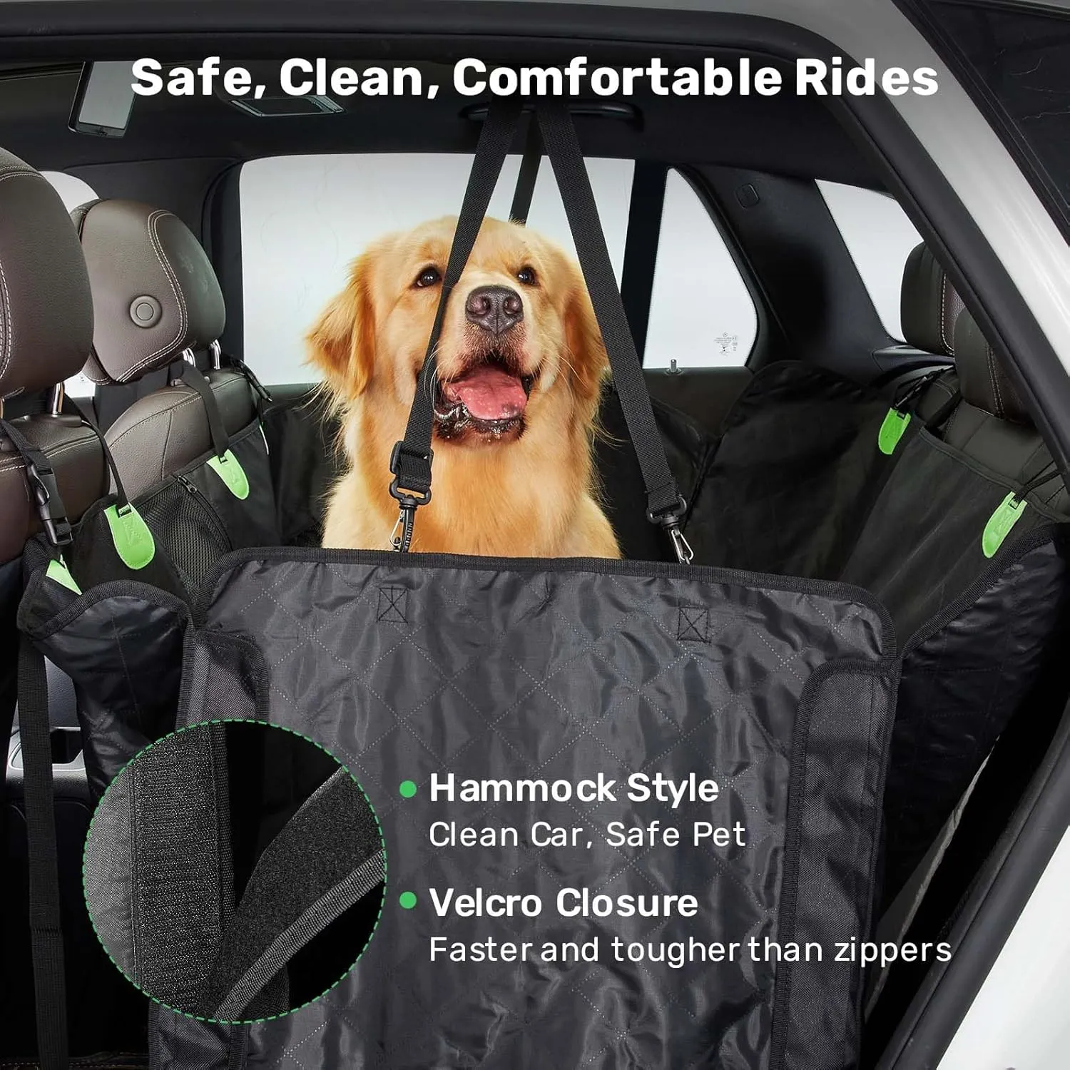 Zanch 2025 Upgrade Dog Car Seat Cover - 100% Waterproof Anti-Scratch, Passenger Friendly Back Seat Protector, Nonslip Pet Hammock with Durable Velcro Side Flap for Large Trucks, SUVs, Vans, XL-Green