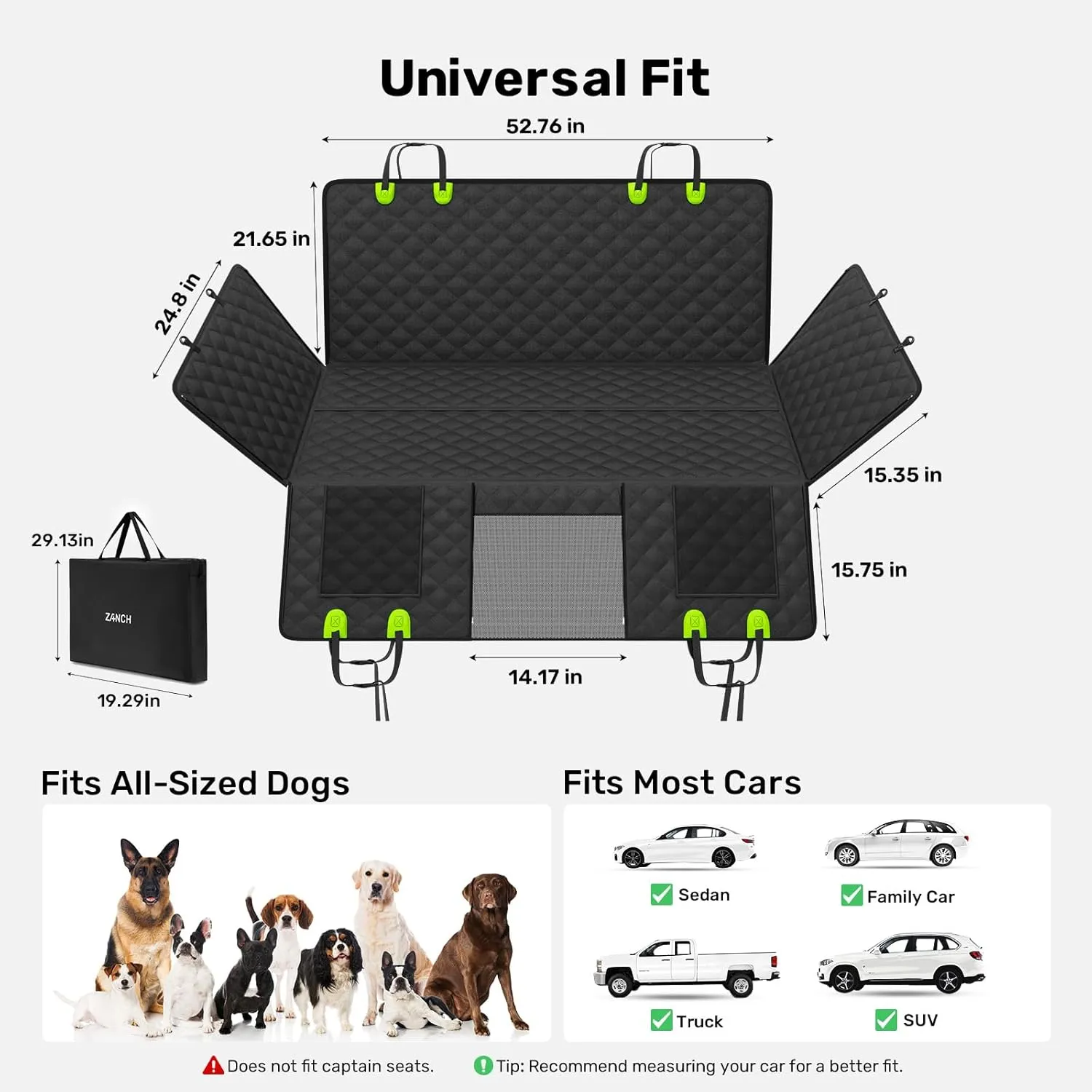 Zanch 2025 Upgraded Dog Car Seat Cover, 400 lbs Heavy Duty Hard Bottom, Waterproof & Anti-Scratch Back Seat Protector, Nonslip Pet Hammock Extender Cars, SUV, Trucks, Standard-Green