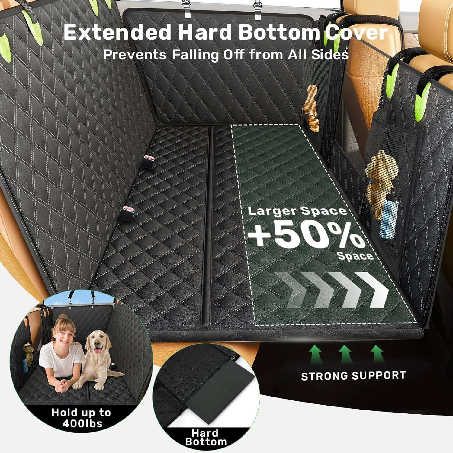 Zanch 2025 Upgraded Dog Car Seat Cover, 400 lbs Heavy Duty Hard Bottom, Waterproof & Anti-Scratch Back Seat Protector, Nonslip Pet Hammock Extender Cars, SUV, Trucks, Standard-Green