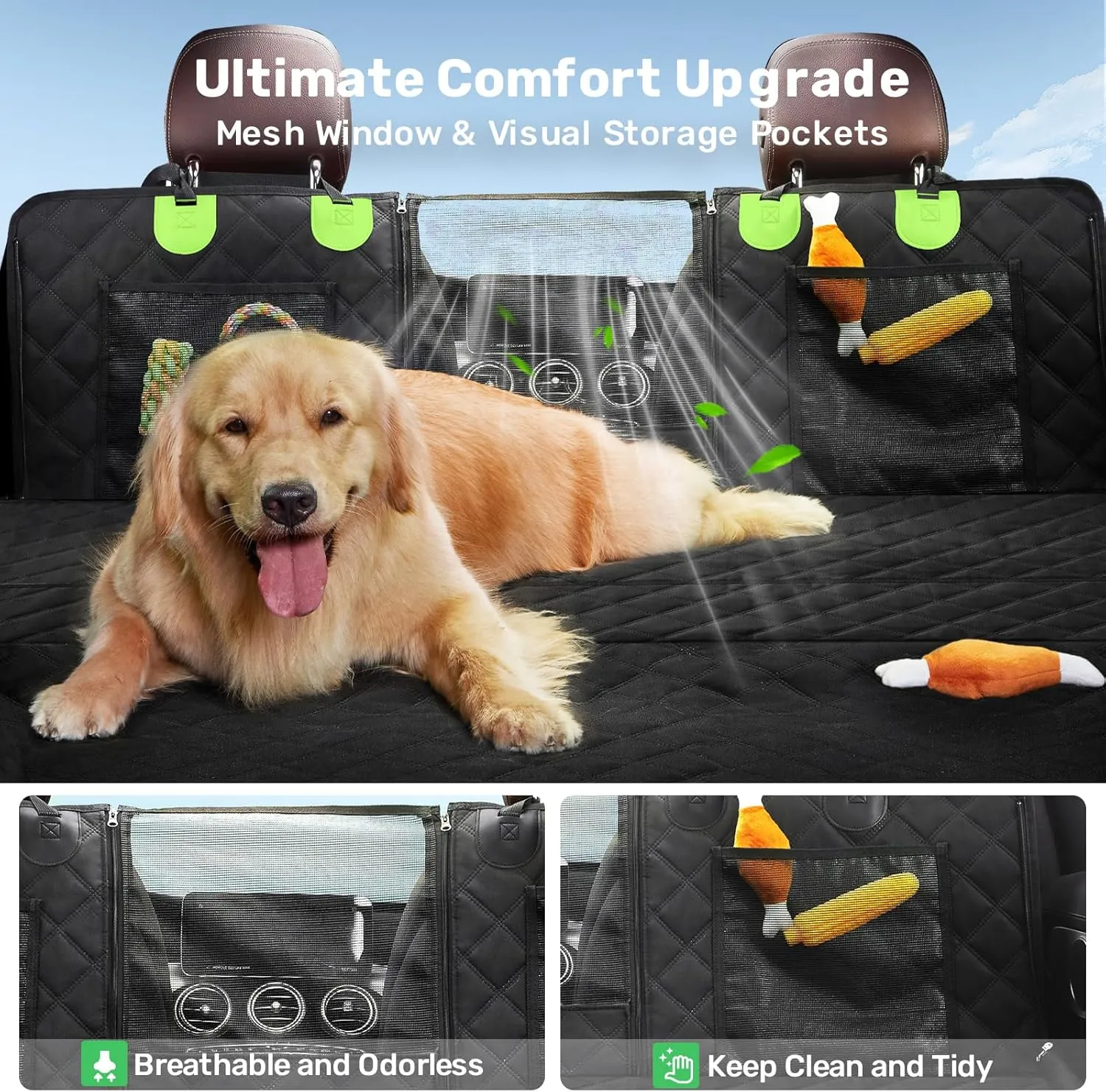Zanch 2025 Upgraded Dog Car Seat Cover, 400 lbs Heavy Duty Hard Bottom, Waterproof & Anti-Scratch Back Seat Protector, Nonslip Pet Hammock Extender Cars, SUV, Trucks, Standard-Green