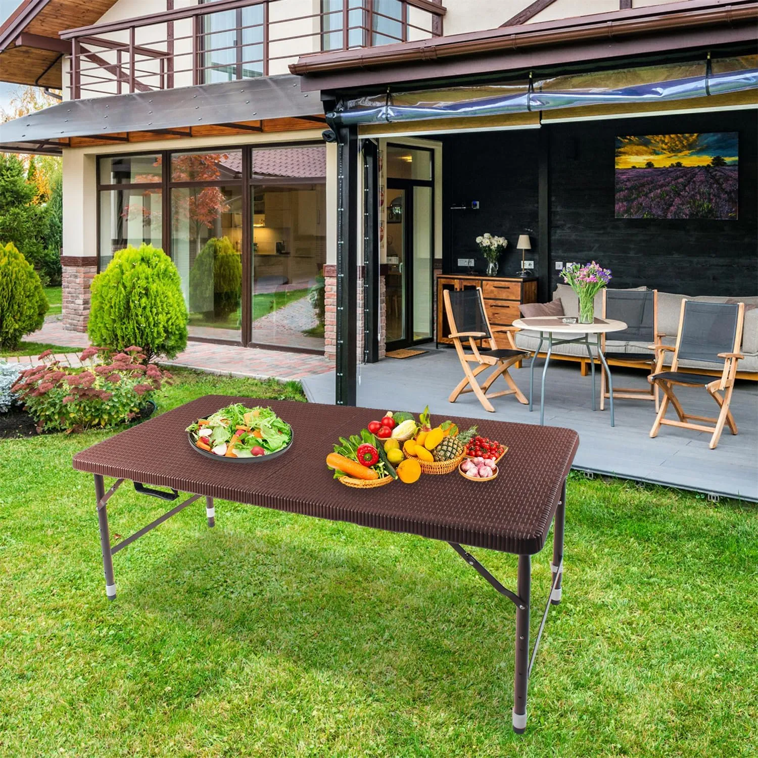 ZeHuoGe Portable Folding Table,Lightweight Picnic Party Dining Camp Table, Folding Banquet Table,Multifunctional Camping Table (Brown, 4ft)