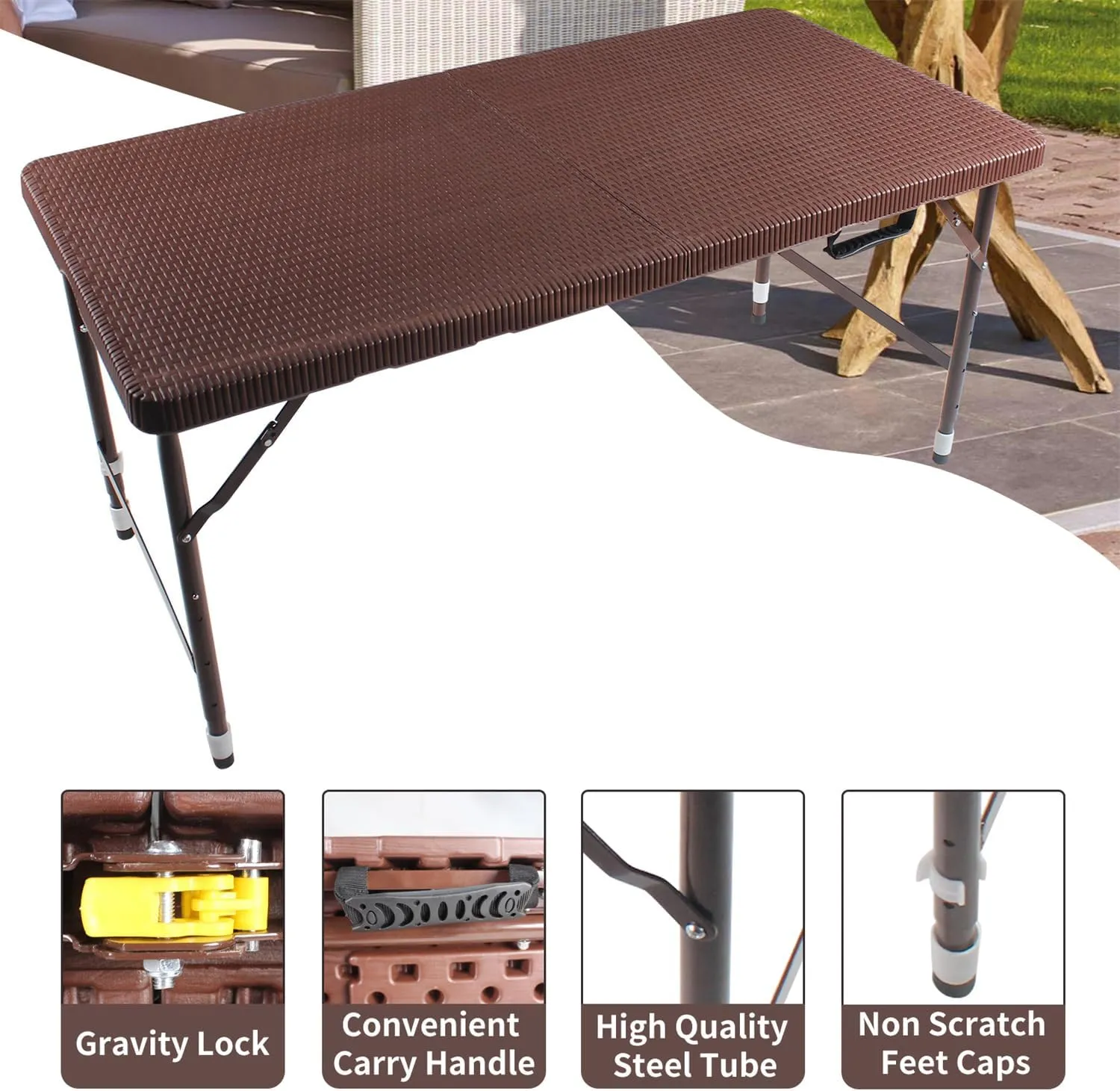 ZeHuoGe Portable Folding Table,Lightweight Picnic Party Dining Camp Table, Folding Banquet Table,Multifunctional Camping Table (Brown, 4ft)