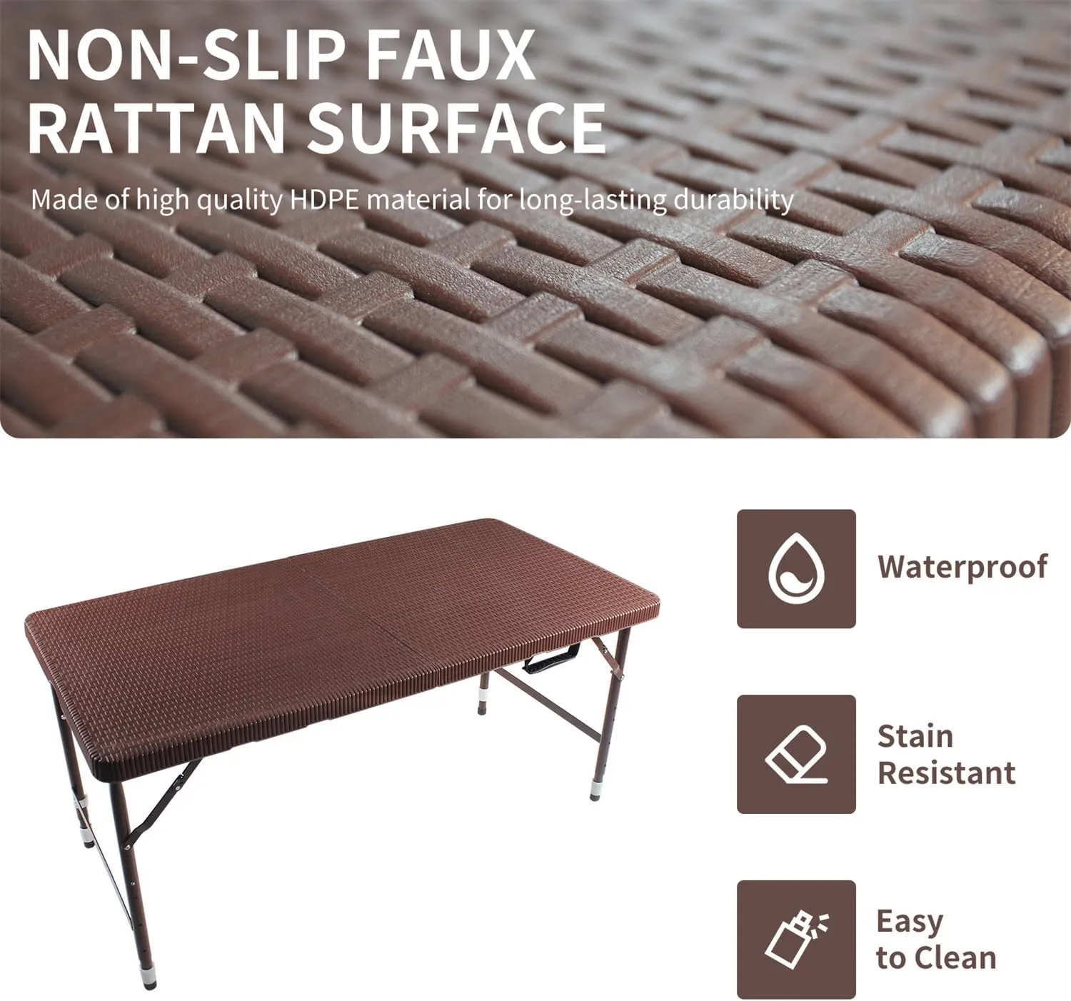 ZeHuoGe Portable Folding Table,Lightweight Picnic Party Dining Camp Table, Folding Banquet Table,Multifunctional Camping Table (Brown, 4ft)