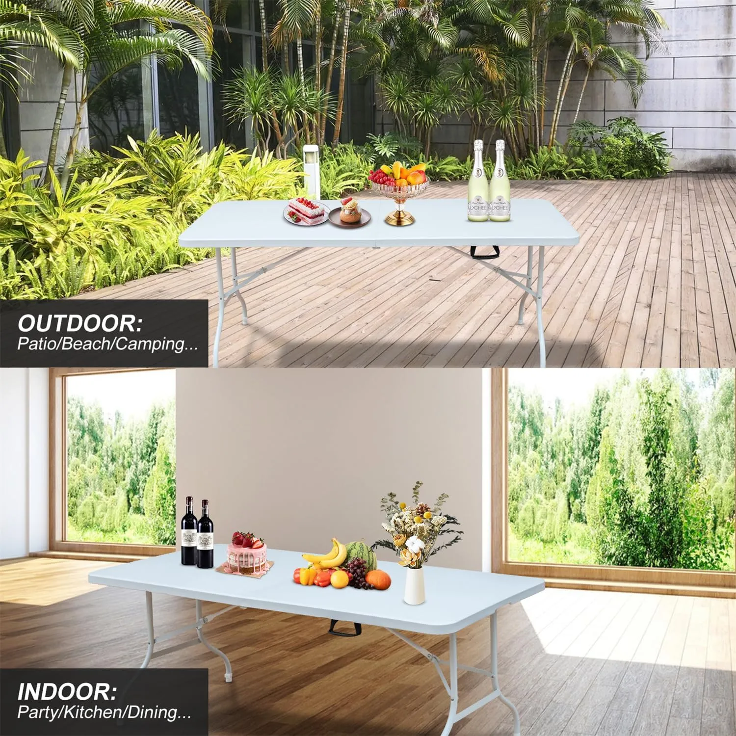 ZeHuoGe Portable Folding Table,Lightweight Picnic Party Dining Camp Table, Folding Banquet Table,Multifunctional Camping Table (White, 6ft)