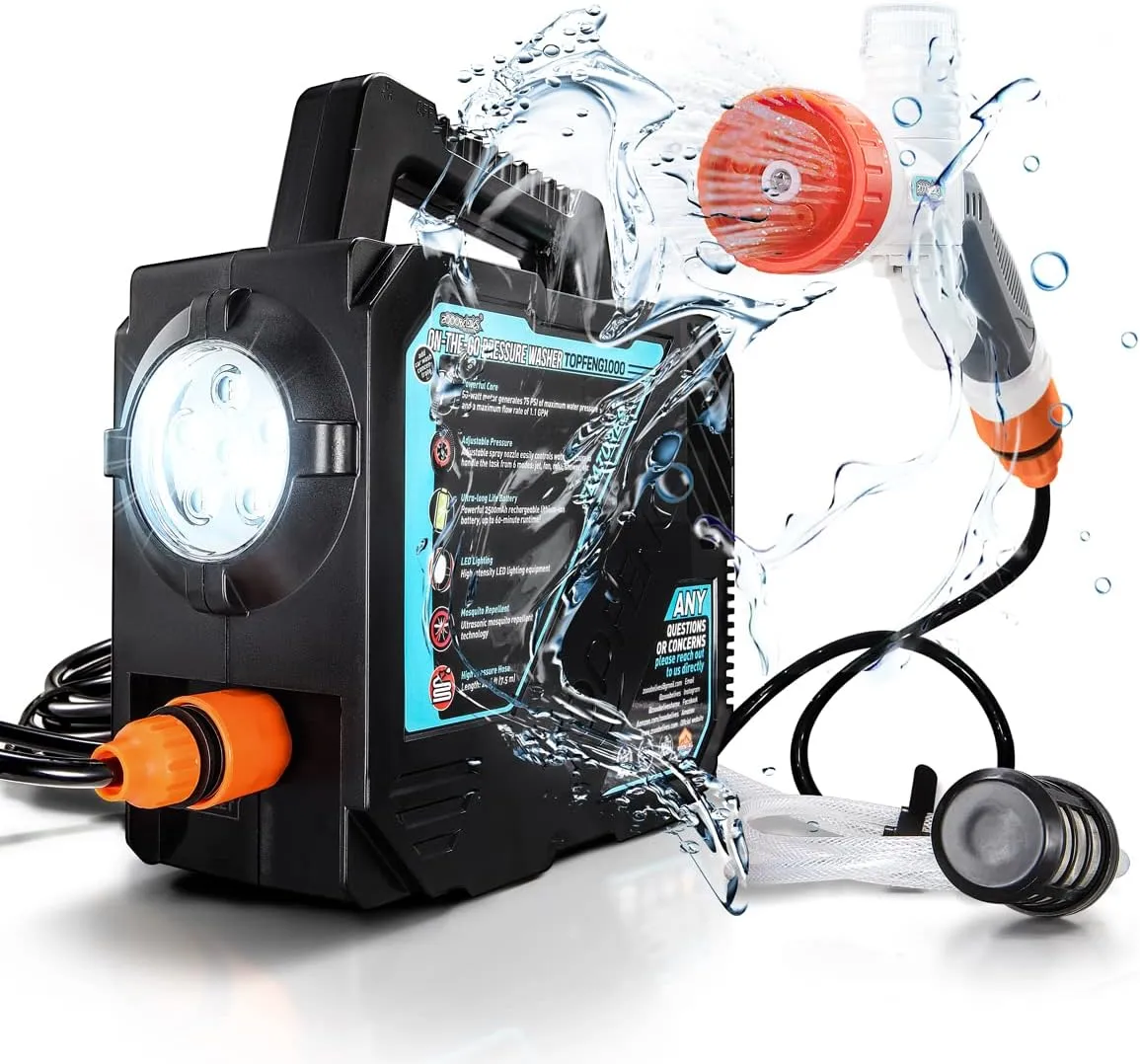 ZOOOBELIVES High Pressure Camping Shower with 50W/75psi Pump, Outdoor Camp Shower with Multi-use Sprayer and LED Light for Campsite Bathing Beach Yard Pet Car Cleanups, Portable and Rechargeable