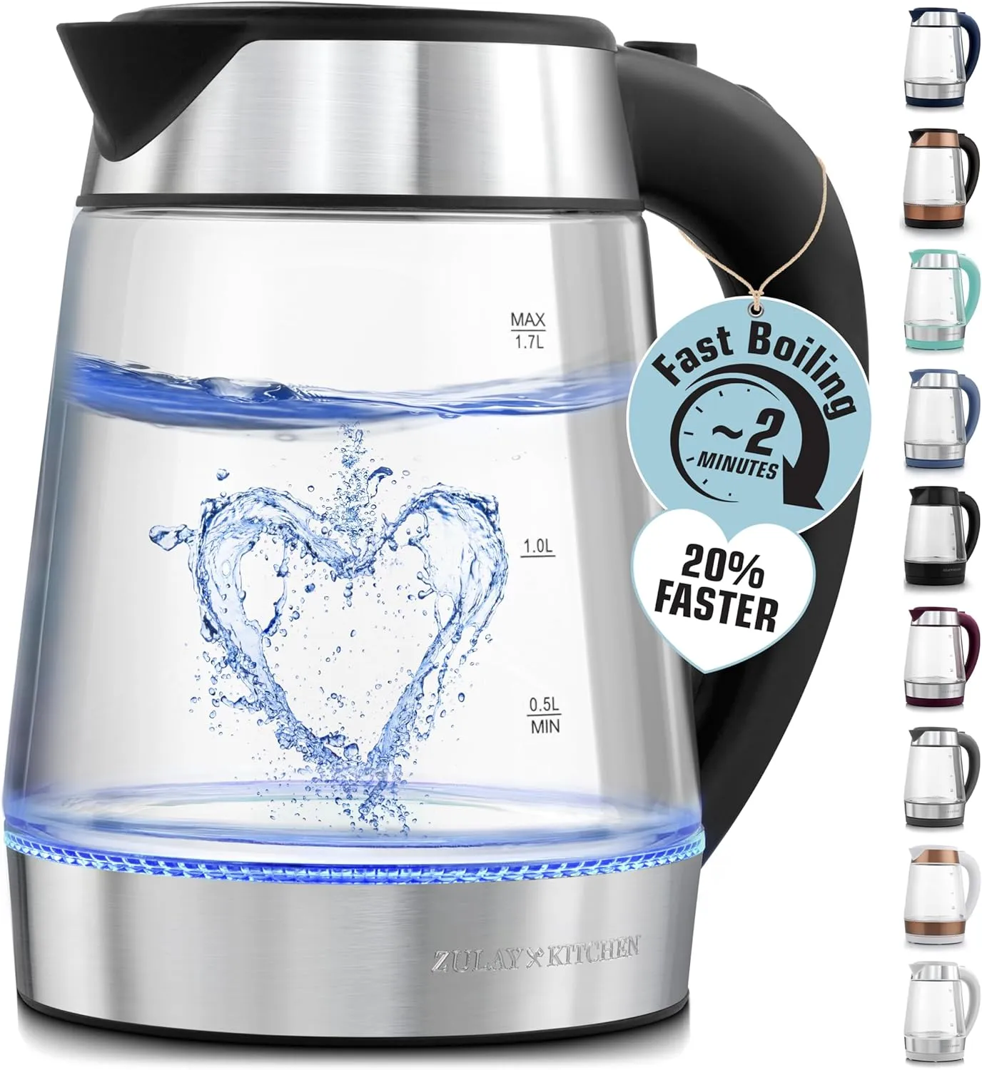 Zulay Kitchen Fast Boiling Electric Water Kettle - 1.7L, 1500W, Auto Shut-Off for Overboil & Boil Dry Protection, Cool-Touch Handle, 360° Base - Rapid Teapot Boiler For Coffee & Tea - Black