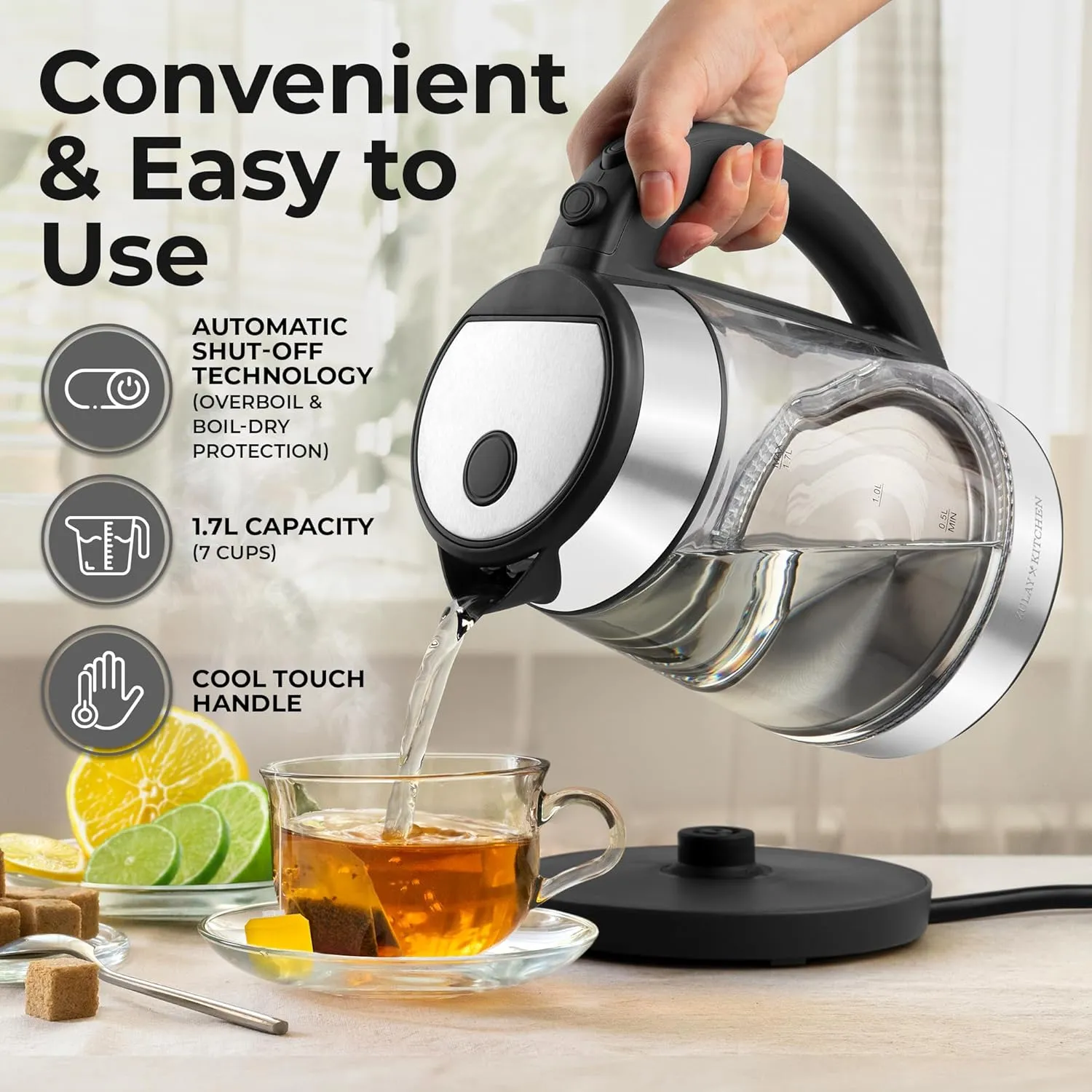 Zulay Kitchen Fast Boiling Electric Water Kettle - 1.7L, 1500W, Auto Shut-Off for Overboil & Boil Dry Protection, Cool-Touch Handle, 360° Base - Rapid Teapot Boiler For Coffee & Tea - Black