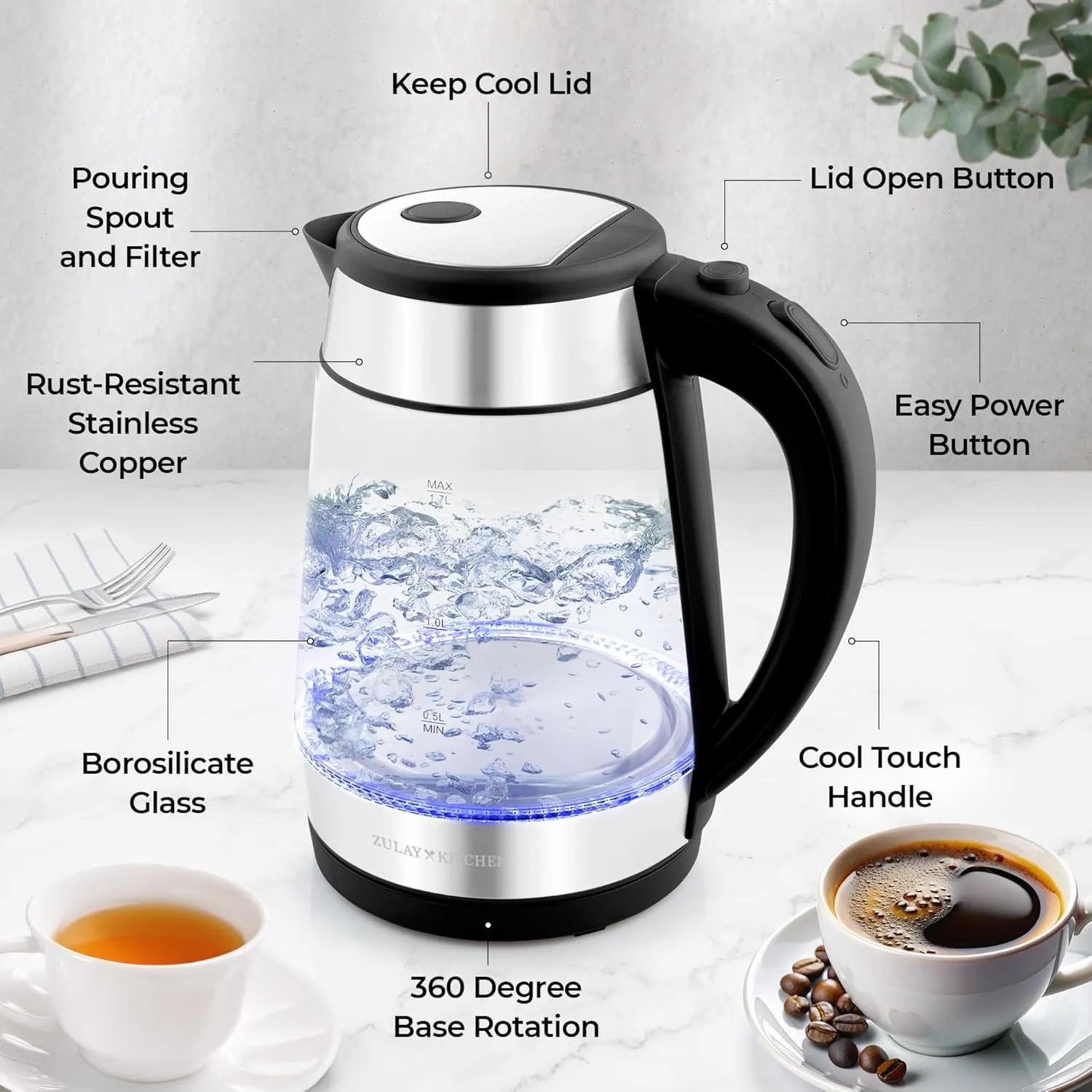Zulay Kitchen Fast Boiling Electric Water Kettle - 1.7L, 1500W, Auto Shut-Off for Overboil & Boil Dry Protection, Cool-Touch Handle, 360° Base - Rapid Teapot Boiler For Coffee & Tea - Black
