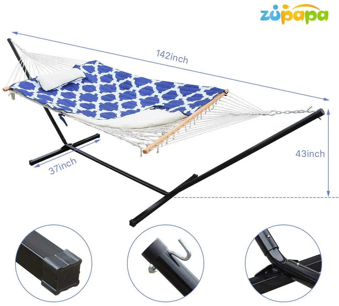 Zupapa 12' Cotton Rope Pad Hammock with Stand & Bags-Geometric Royal Blue