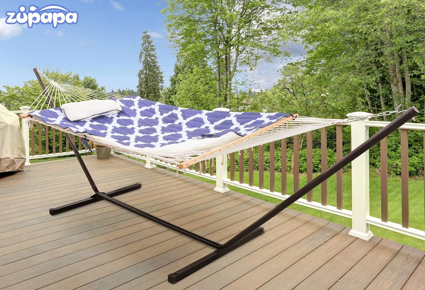 Zupapa 12' Cotton Rope Pad Hammock with Stand & Bags-Geometric Royal Blue