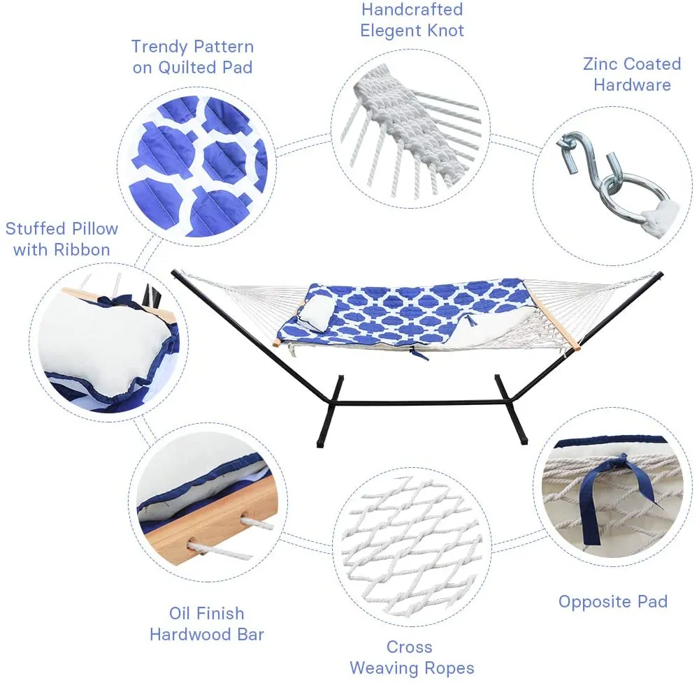 Zupapa 12' Cotton Rope Pad Hammock with Stand & Bags-Geometric Royal Blue