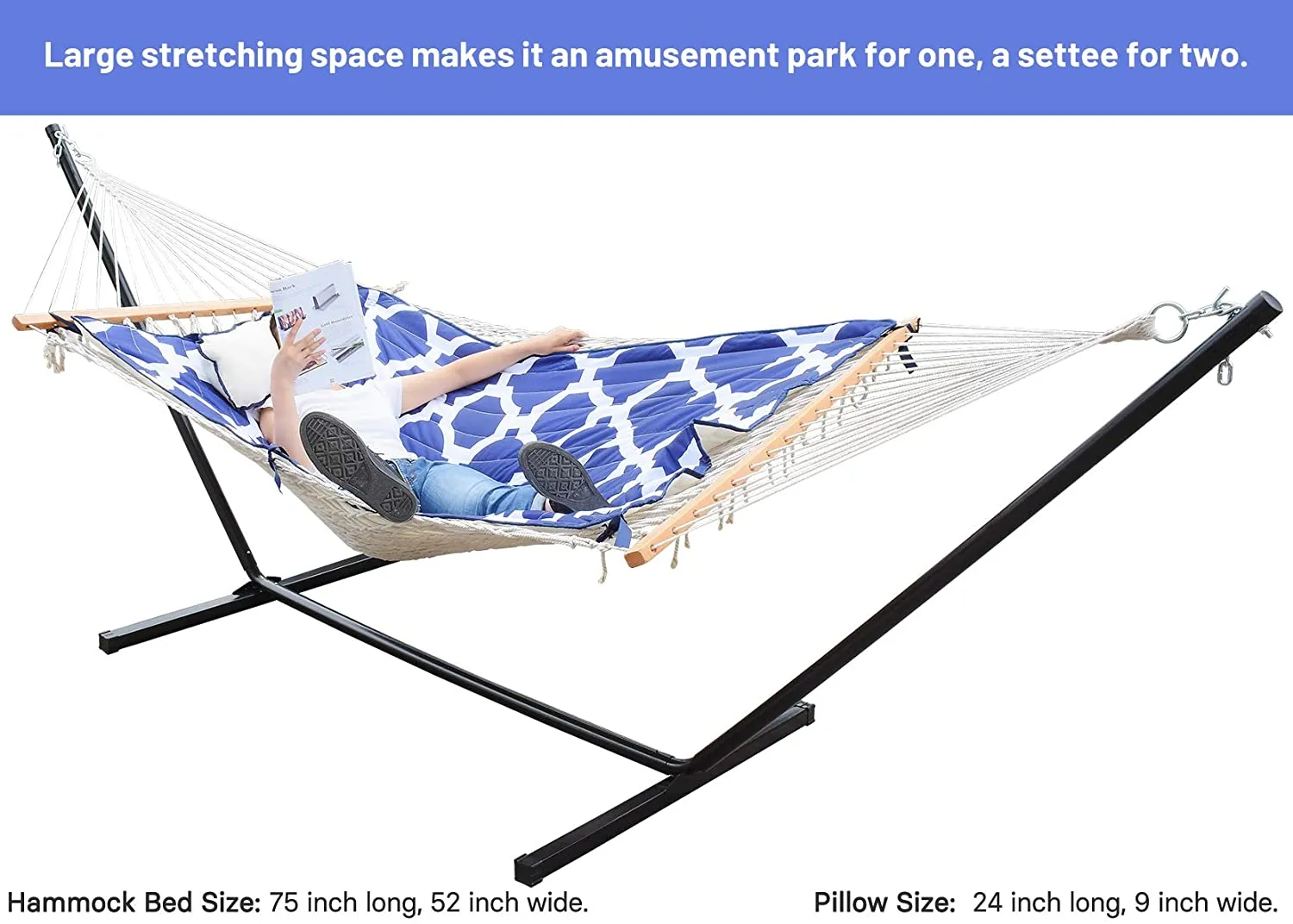 Zupapa 12' Cotton Rope Pad Hammock with Stand & Bags-Geometric Royal Blue
