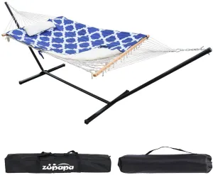 Zupapa 12' Cotton Rope Pad Hammock with Stand & Bags-Geometric Royal Blue