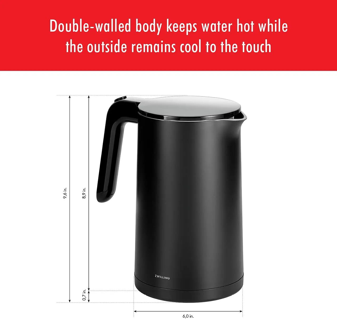 ZWILLING Enfinigy Cool Touch 1.5-Liter Electric Kettle, Cordless Tea Kettle & Hot Water, Black